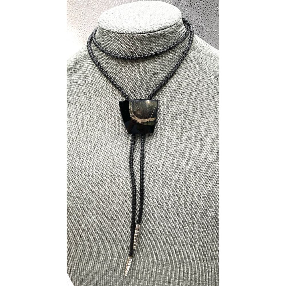 BOLO Black Lather/Faux Lathers? Glass/Stone? Pained Art Necklace Western